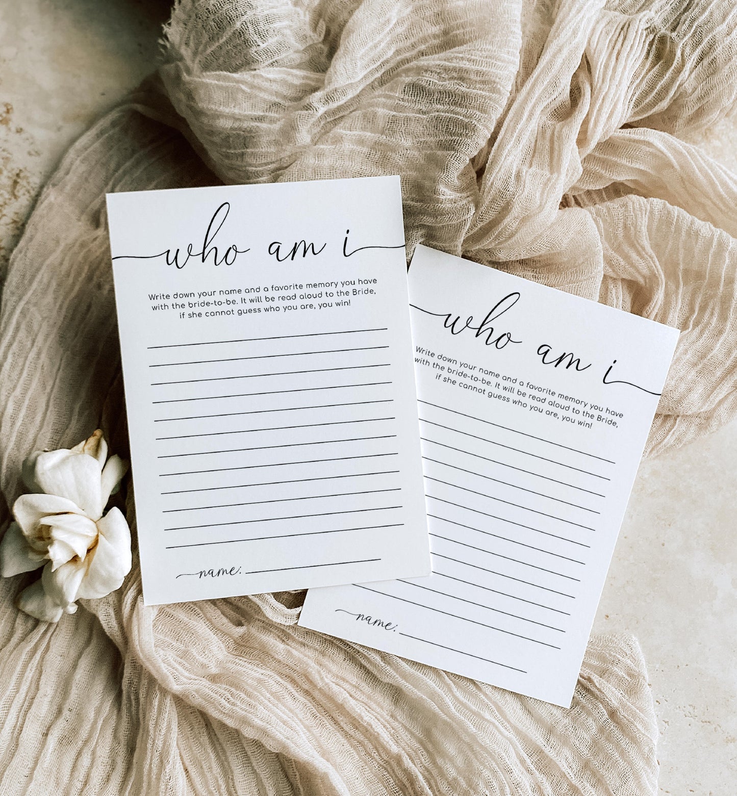 Quinn Script White | Printable Who Am I Bridal Shower Game