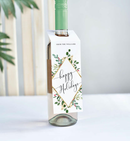 Merriment Christmas | Printable Happy Holidays Wine Bottle Bib Gift Tag