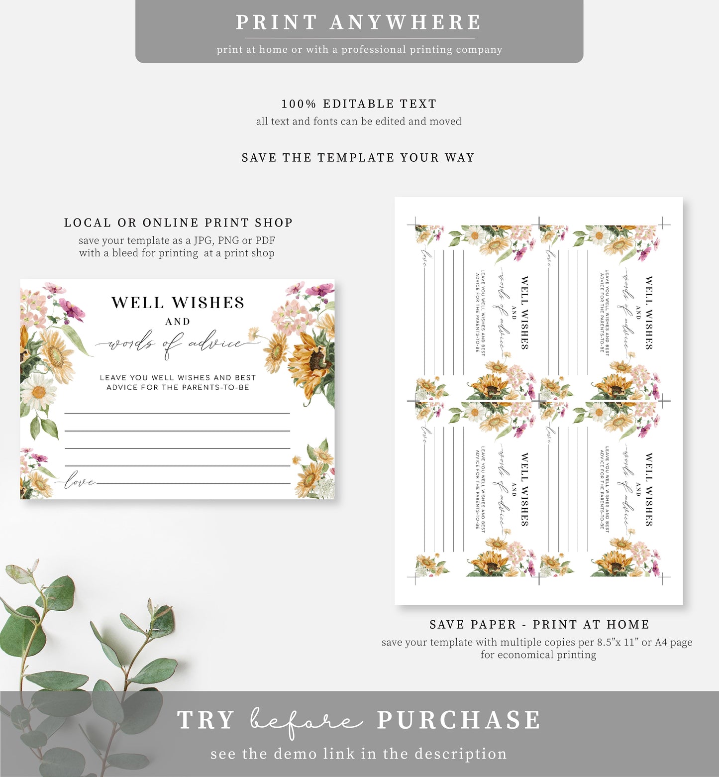 Mews Floral White | Printable Words Of Advice Sign and Card Template