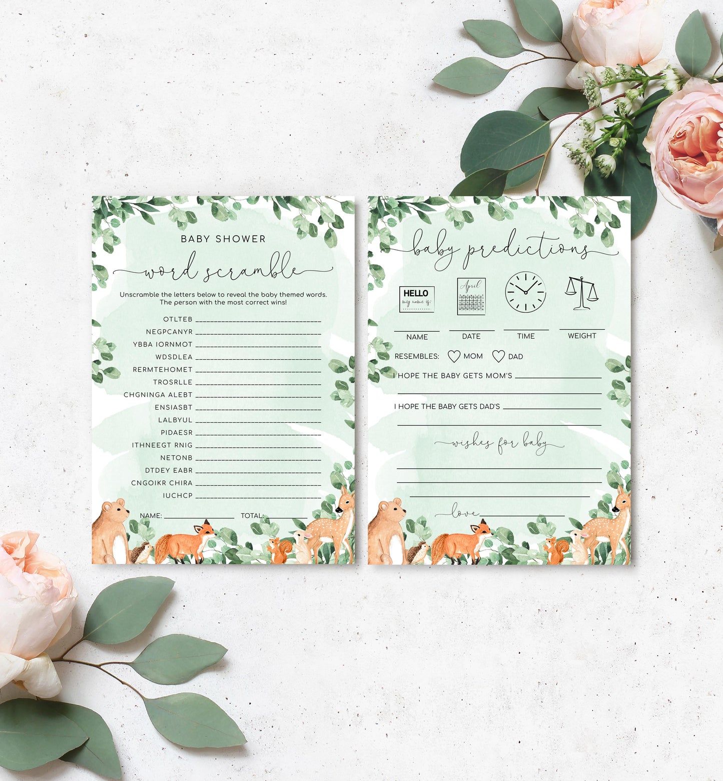 Woodland Animals Green | Printable Baby Shower Games Bundle