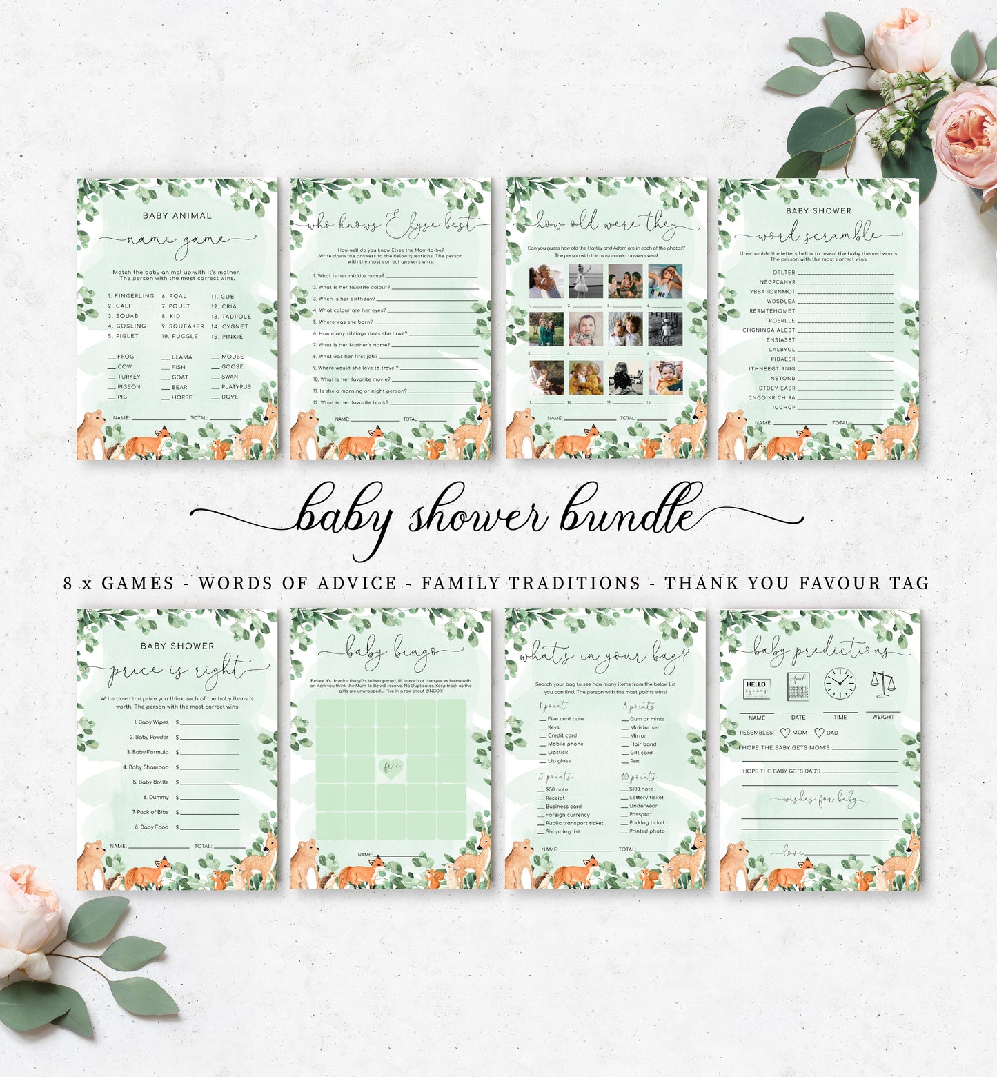 Woodland Animals Green | Printable Baby Shower Games Bundle
