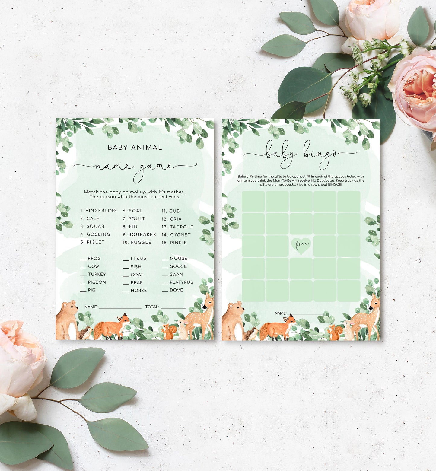 Woodland Animals Green | Printable Baby Shower Games Bundle