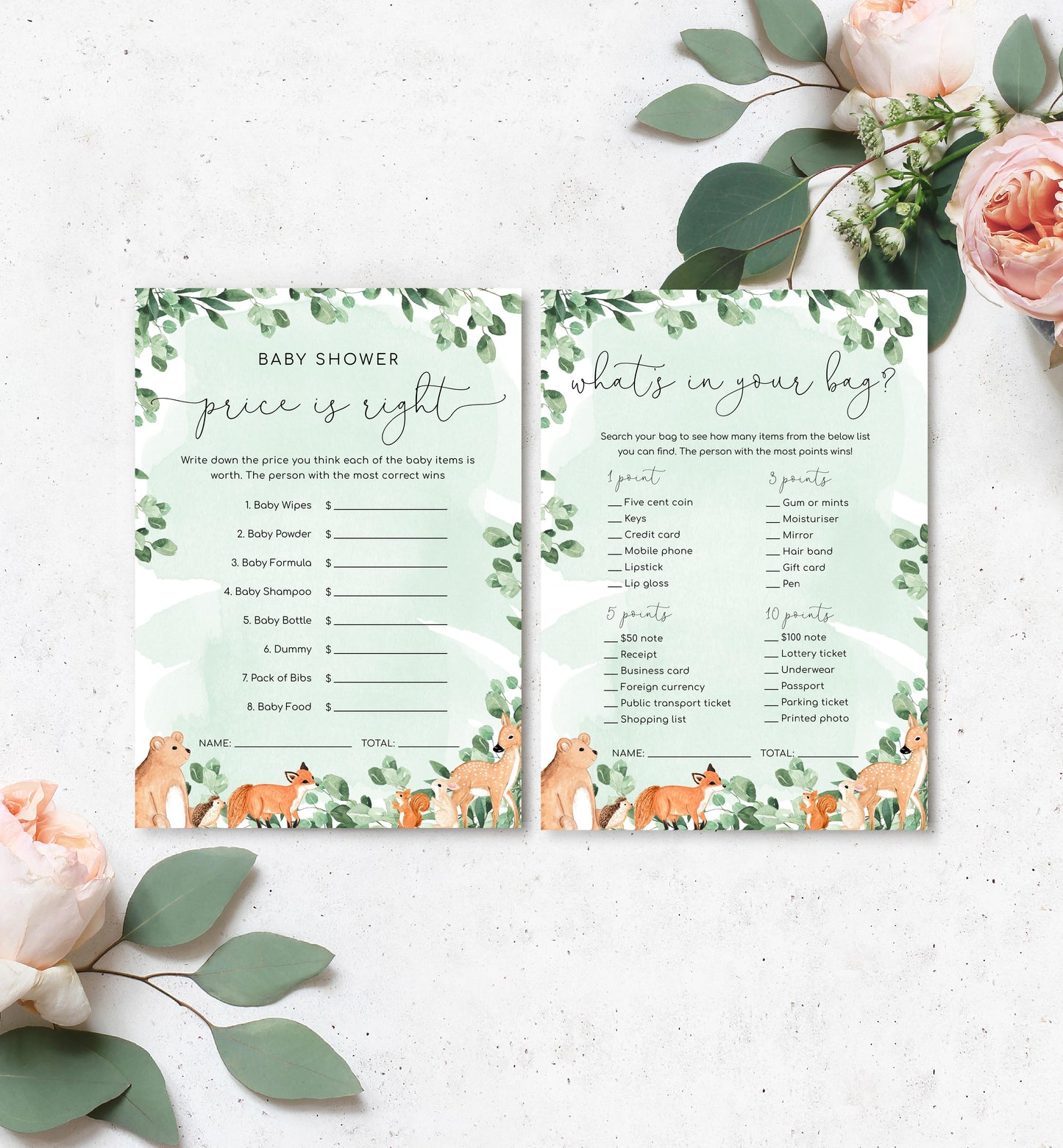 Woodland Animals Green | Printable Baby Shower Games Bundle
