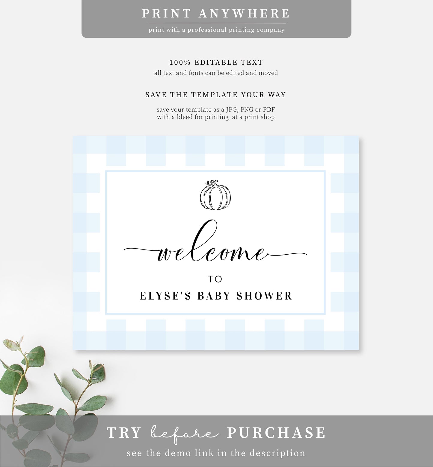 Gingham Blue Pumpkin | Printable Welcome Sign Template