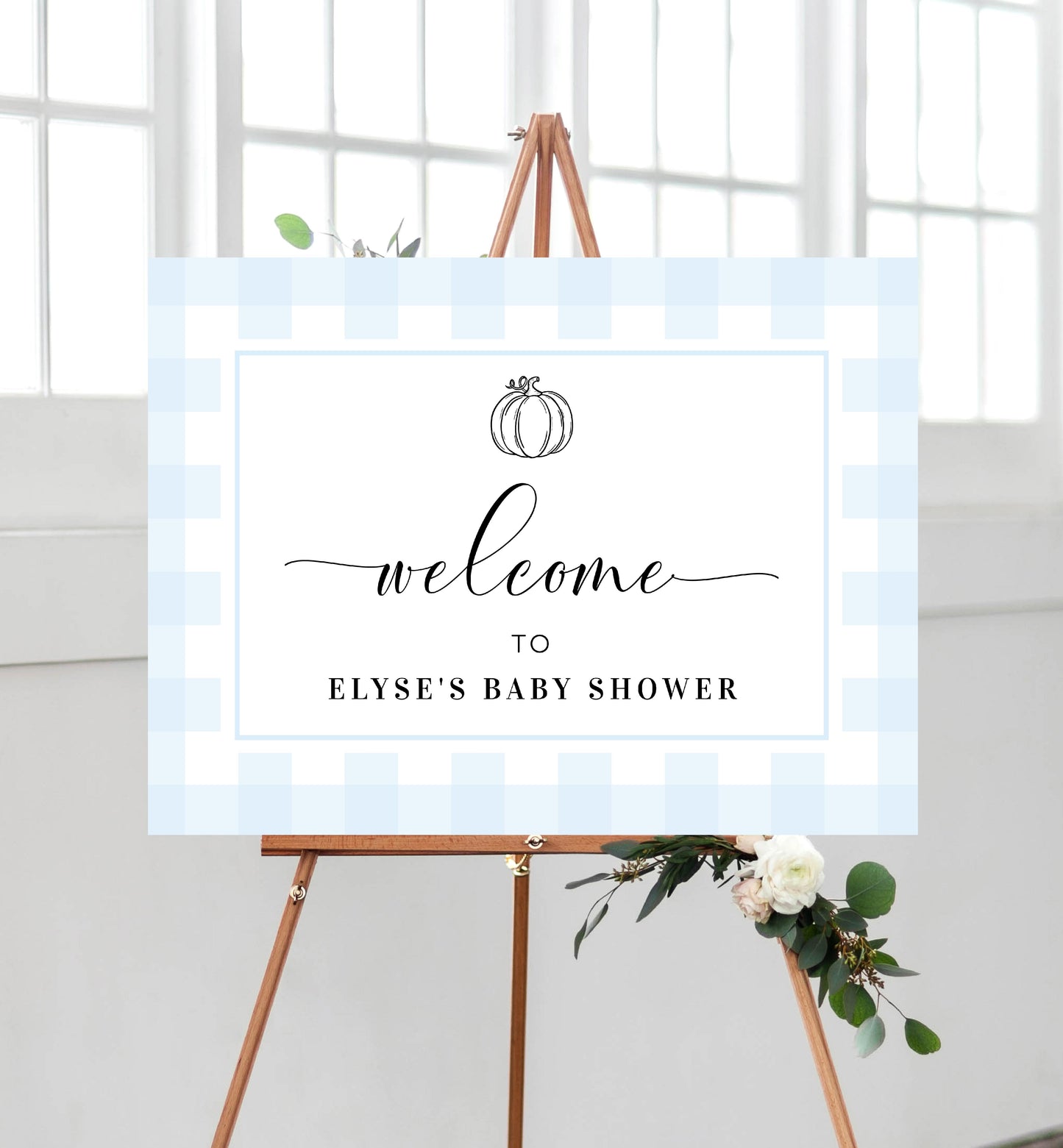 Gingham Blue Pumpkin | Printable Welcome Sign Template
